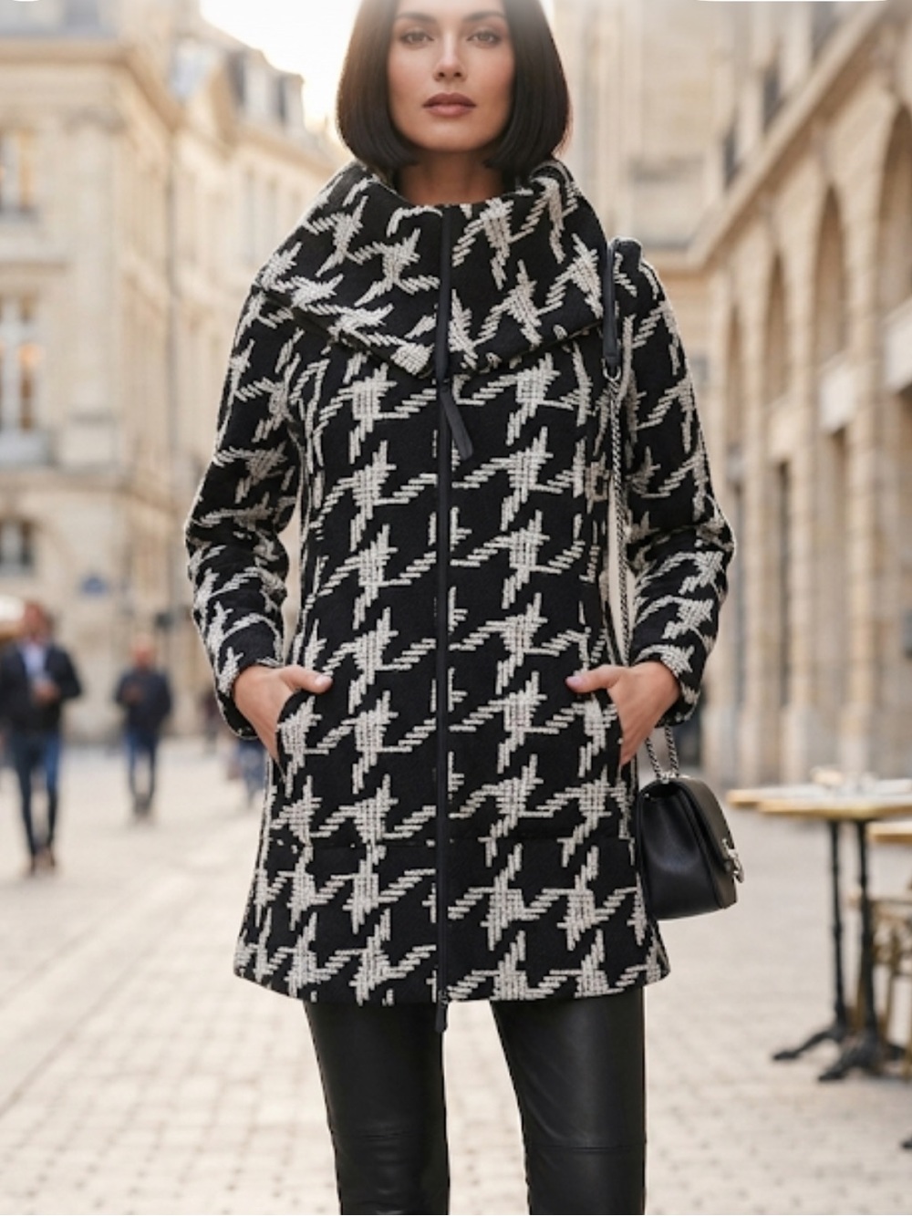 Tonia Debellis Black & White Houndstooth Woven Zipper Coat